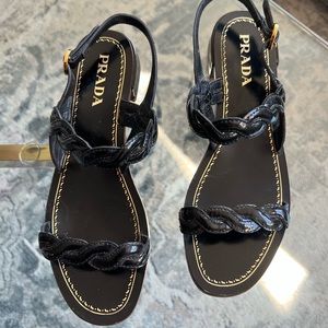 Prada Black Patent Leather Braided Strap Sandals (Size 38)